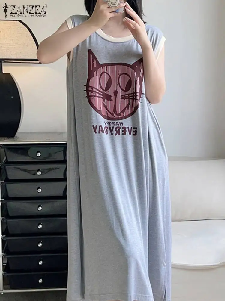 

ZANZEA Korean Version Sleepwear Robe Homewear Women Sleeveless Tank Dress Fashion Soft Cat Printed Nightgrown Casual Loose Dress