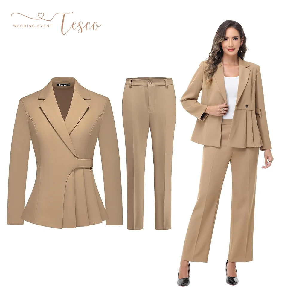 Customized Khaki 2 Piece Women's Suit Irregular Women's Blazer Suit Jacket Business Casual Pants Set