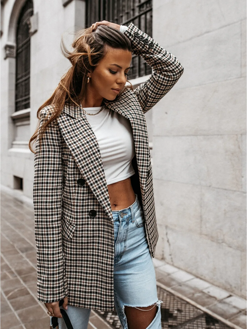 Coat women 2026 casual Spring autumn v neck plaid one button jacket blazer women's clothing