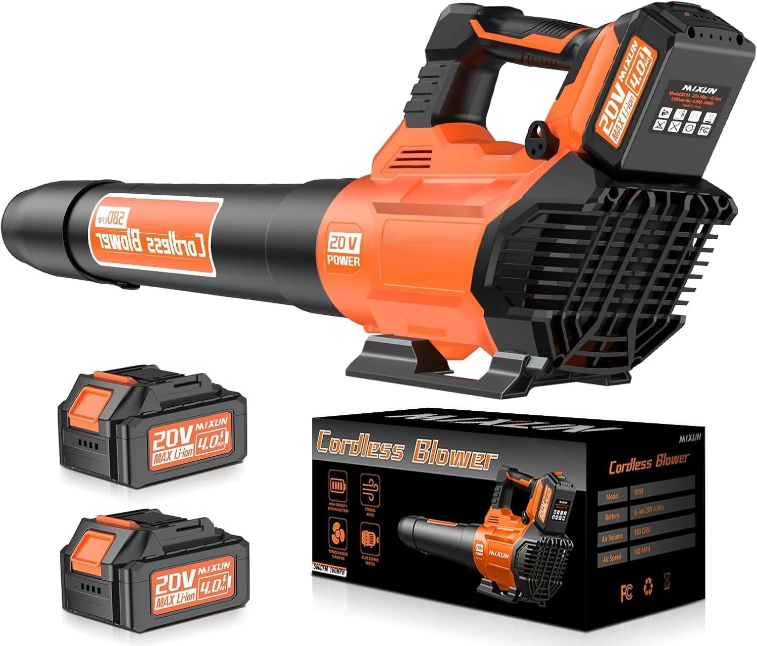 Leaf Blower Cordless - 580CFM/160MPH Electric Leaf Blower, 2 X 4.0Ah Battery and Charger with Shoulder Strap