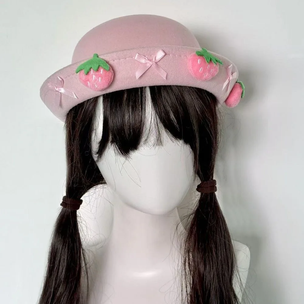 Ręcznie Robiony Harajuku Damski Dziewczęcy Słodki Lolita Truskawkowy Różowy Księżniczka Koronkowa Kokarda Truskawka Ozdobny Cylinder