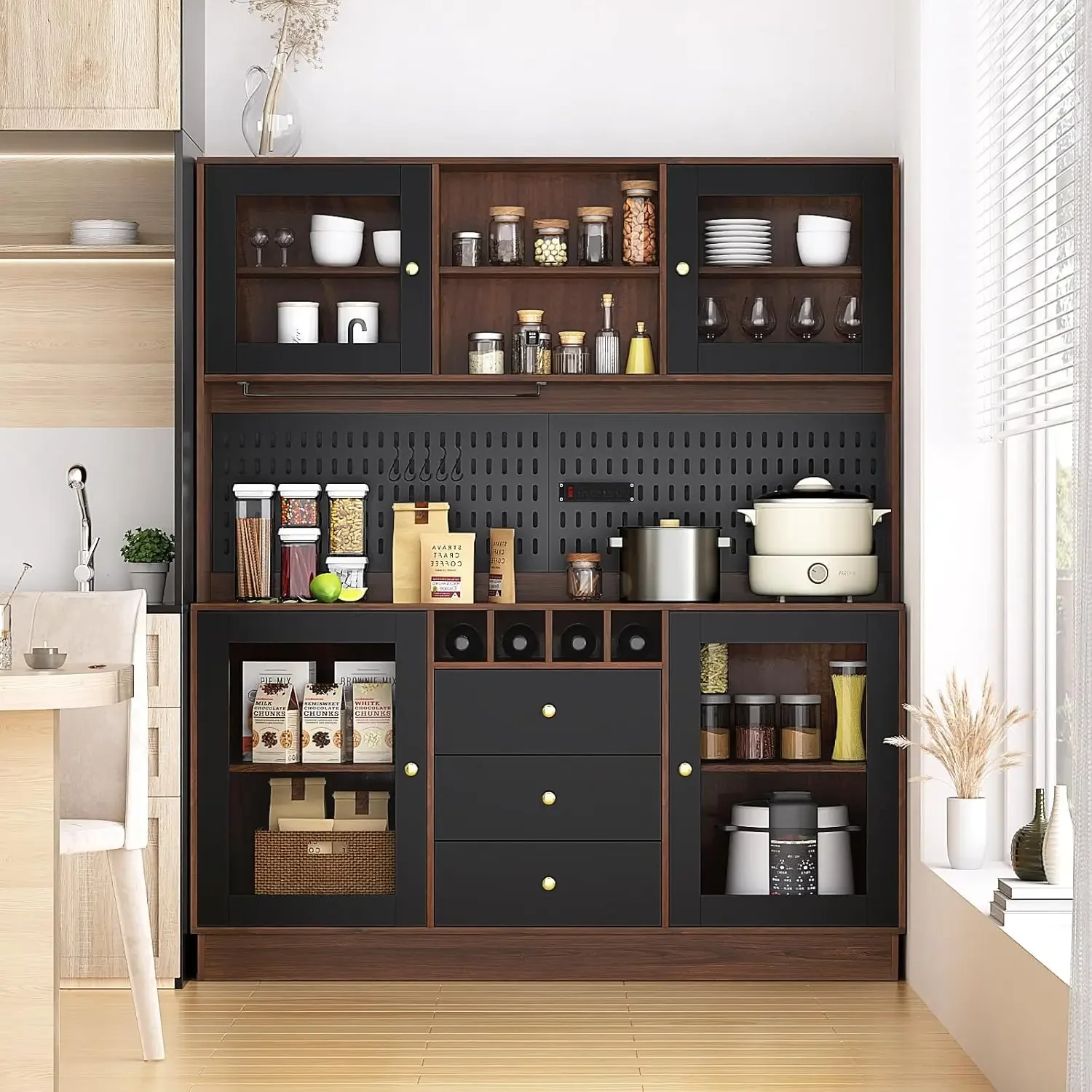 VOWNER Pantry Cabinet, Kitchen Storage Cabinet, Freestanding Buffet Hutch with Pegboard, Cup Holder, Power Outlet, 4 Doors