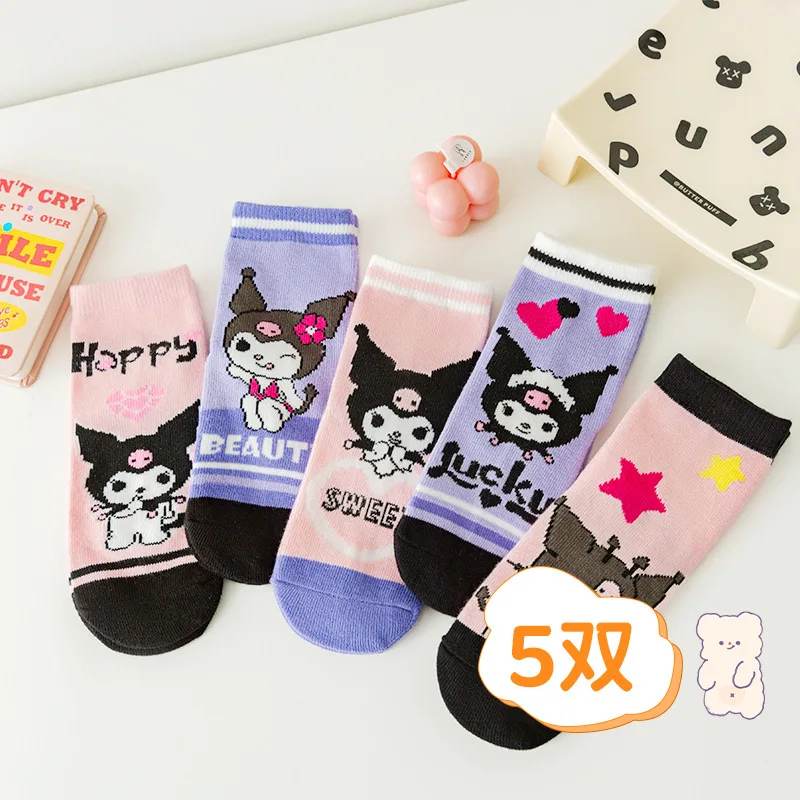 

5 Pairs For Kuromi Mid-Calf Socks GirlsSpring/Summer kawaii Baby Cartoon Cotton Socks Sweet Cute Middle Childrens Princess Sock