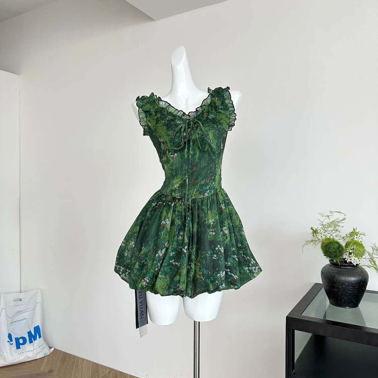 UMI MAO Summer Dress Elegant Forest Elf Girl Sensation Ink Green Chiffon Mushroom Edge Bubble Skirt Dress