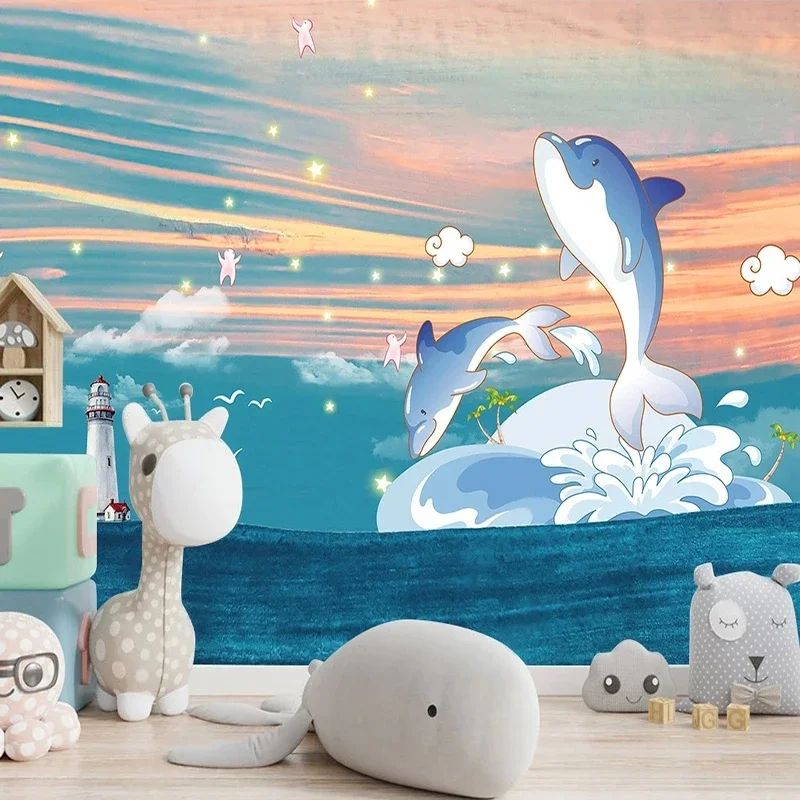 Custom Mural Wallpaper Nordic Ins Hand-painted 3D Cartoon Underwater World Dolphin Children's Room Background Wall Decor Fresco