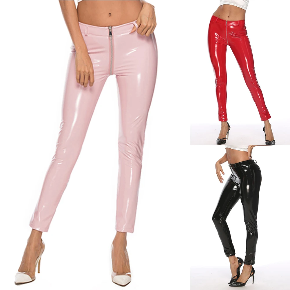 Zipper Women Shiny PVC Leather Leggings High Waist Butt Lift Push Up Stretch Skinny Pants Ladies Open Crotch Trousers Clubwear