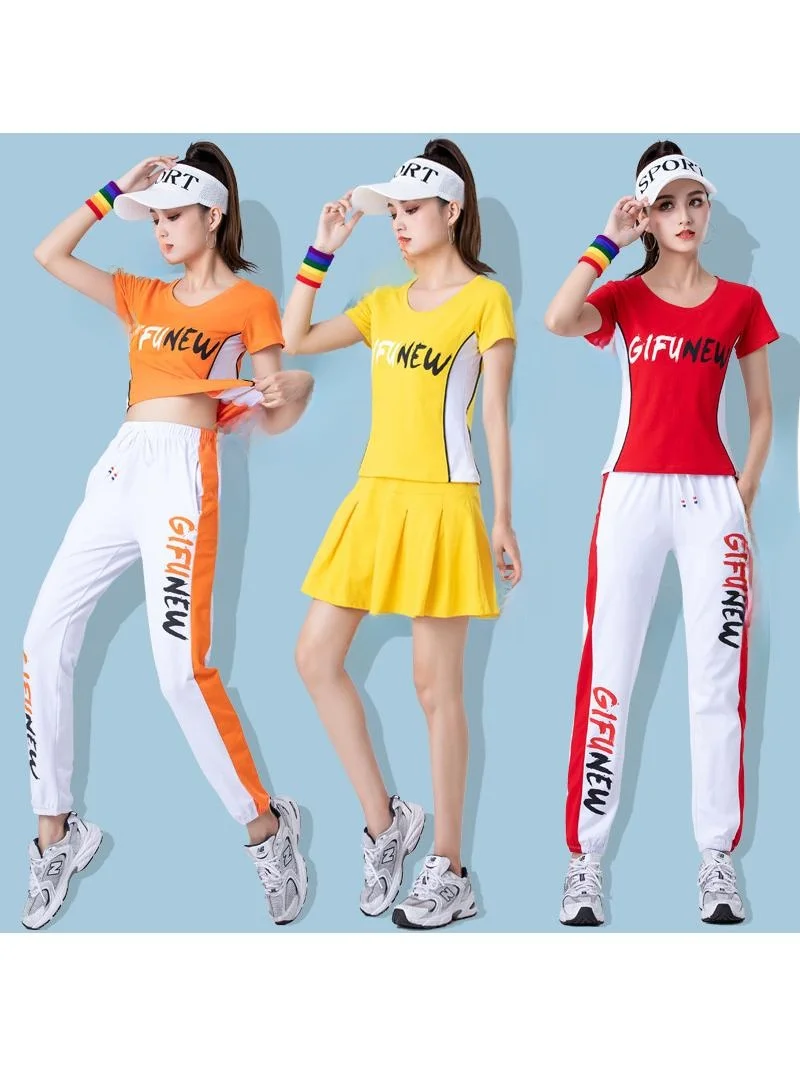 夏スクエアダンスフィットネス半袖セットスカートゴーストステップダンス服ツーピーススーツ綿ポリエステル長ズボン