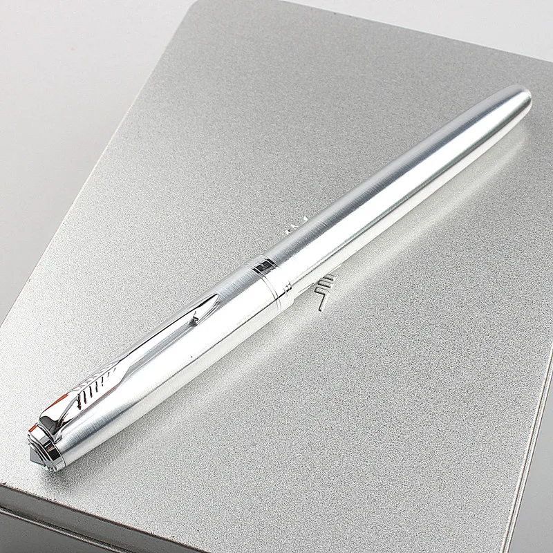 jinhao 85 Metal Silver Fountain Pen Stainless steel Bent (Curved) 0.8mm /dark tip 0.38mm Nib Writing Office Pen