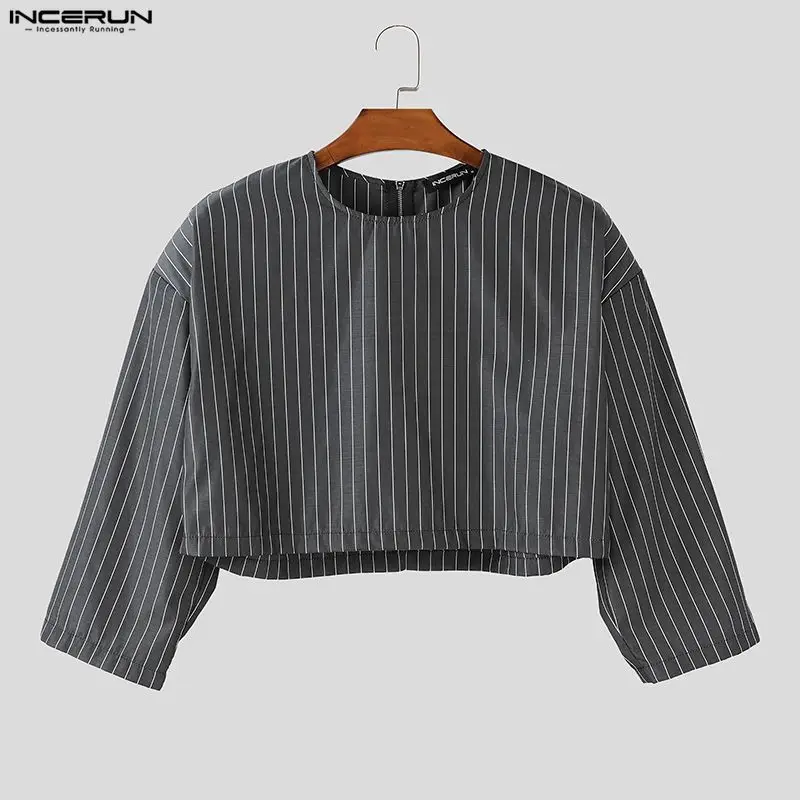 INCERUN قميص مخطط للرجال برقبة دائرية 3/4 كم وسحاب قطع علوية قصيرة غير رسمية ملابس خروج فضفاضة موضة 2026 ملابس رجالية ترفيهية قمصان