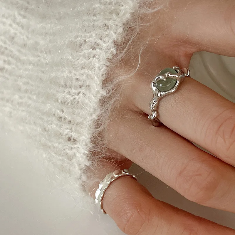 

925 Sterling Silver plated Liquid Lava Hetian Jade Bamboo Ring for Women Girl Gift Irregular Vintage Jewelry Dropshipping