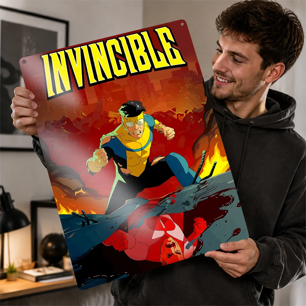 Invincible Fighting Above Ruins Printed Poster Comic Wall Art For Media Room Personalized Aluminum Metal Sign Superhero Fan Gift