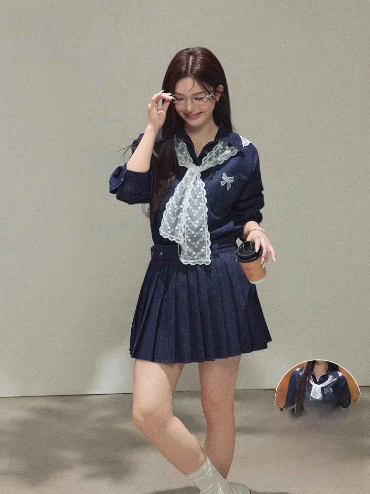 

Утягивающая корейская джинсовая юбка размера плюс для ранней осени, длинная юбка-свек с высокой талией, модная для поездок на работу