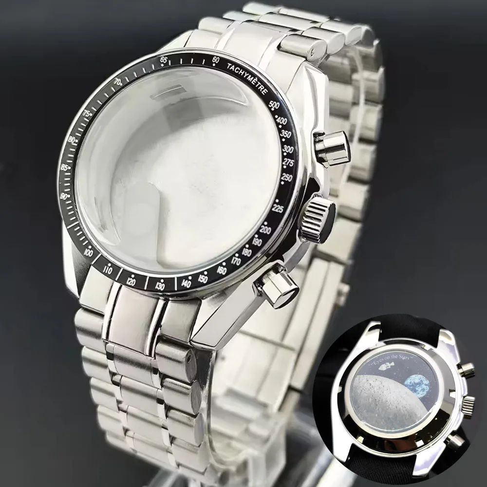 

39.7mm stainless steel Lunar pattern case fits for VK63 VK63A movement case mineral crystal glass case 20mm strap