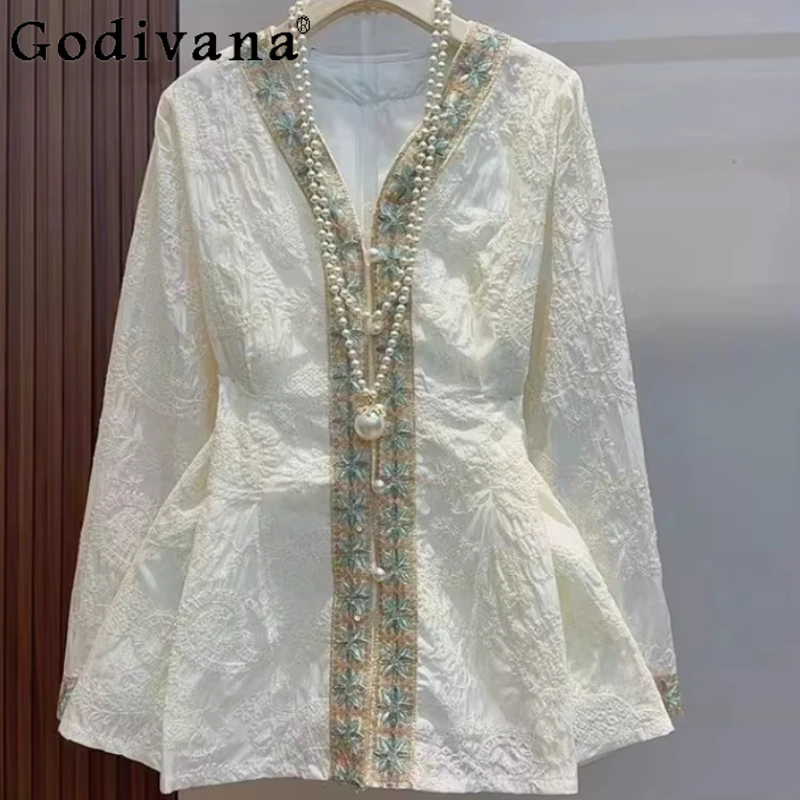 

Large Size Spring Autumn New Temperament V-neck Versatile Shirt Women Fashion Embroidered Jacquard Retro Beige Long Sleeve Top