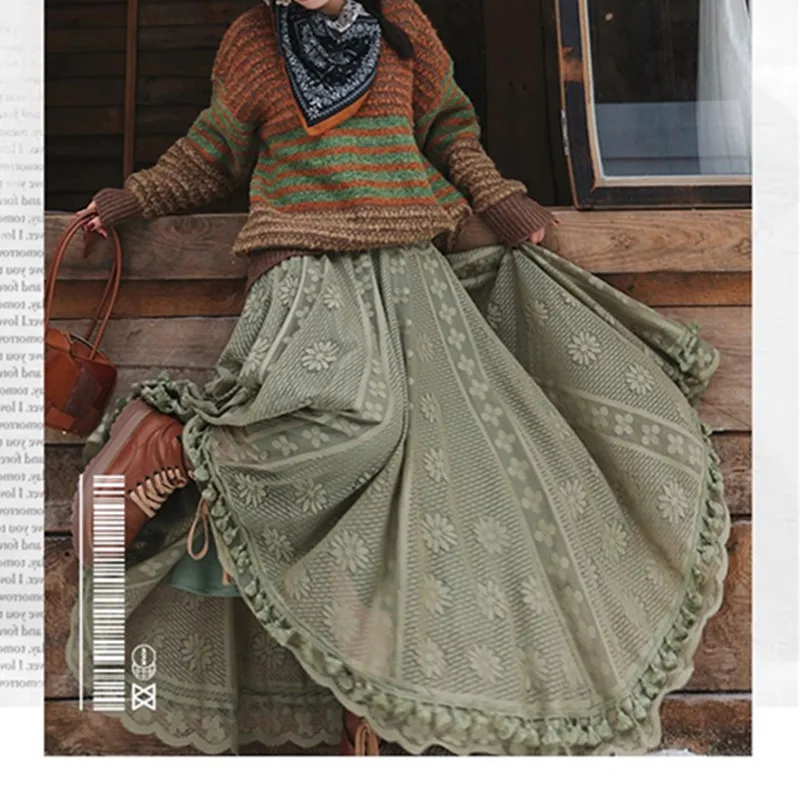 

TIYIHAILEY Long Maxi Skirt for Women Ladies Elastic Waist Autumn Winter New Big Hem 2025 Big Hem Green Tassels jacquard M-L