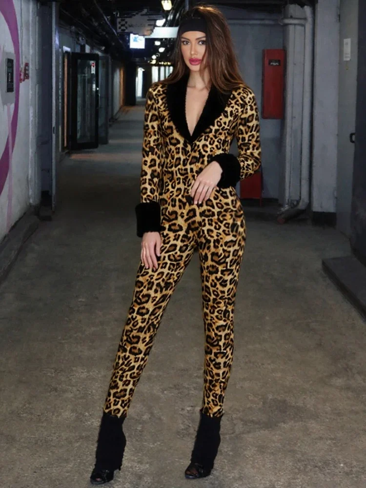 

Elegant Faux Fur Patchwork Leopard Print Jumpsuits for Women 2025 Autumn Winter Zipper Long Sleeve One Piece Party Club Overalls