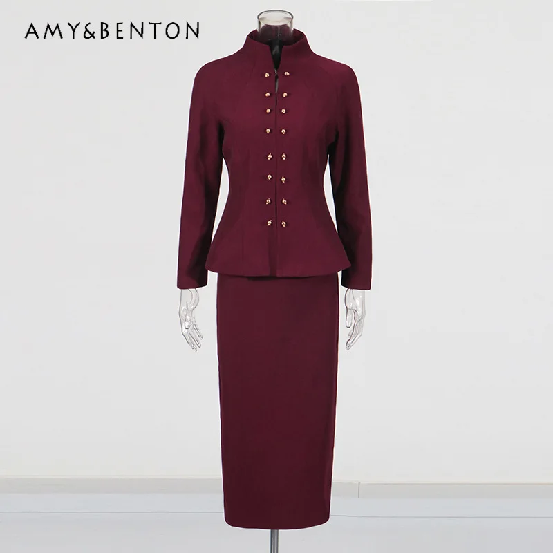 

French Retro Elegant Style Women's Sets 2026 New Stand-up Collar Waist Invisible Hook Jacket High Waist Long Skirt Suit Ladies