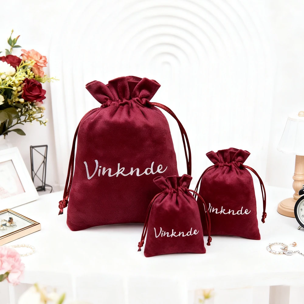 

50pcs Wine Velvet Drawstrings Bags Wedding Christmas Jewelry Gift Candy Mini 10X15cm Storage Pouches Custom Logo DIY Packing Bag