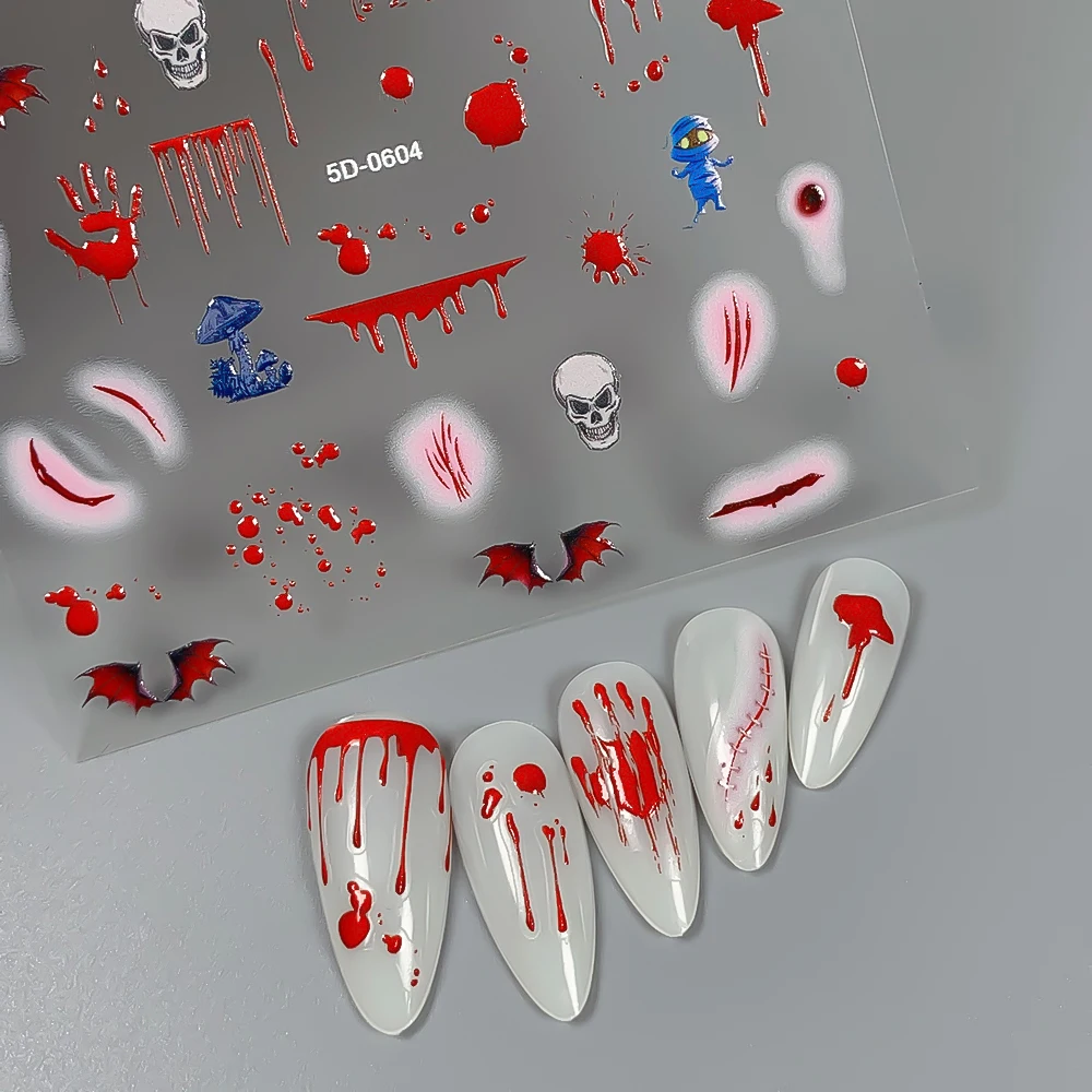5D 할로윈 네일 아트 스티커 엠보싱 레드 블러드 스카 스컬 배트 디자인 네일 데칼 타투 슬라이더 매니큐어 호러 데칼 용품
