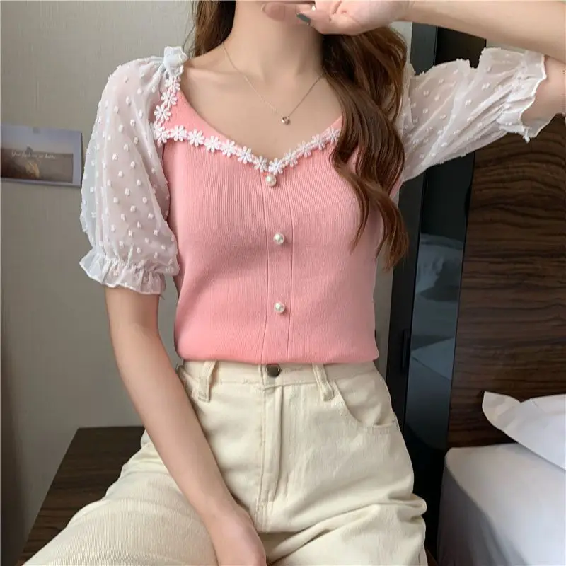 2024 Summer New Fashion Spliced Elastic Knitted Beading Square Collar Bubble Short Sleeve Slim Fit T-shirt Women\'s Clothing Tops