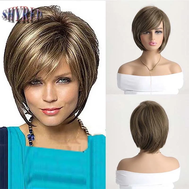 Short Mixed Blonde Synthetic Wig For Women Straight Fluffy Hair With Side Bangs Heat Resistan Fiber Cosplay Wigs