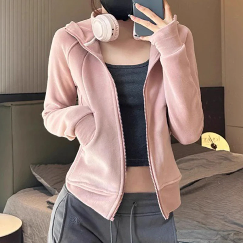 Thicken Slim Fit Hooded Jackets Women Autumn Winter Zipper Up Long Sleeve Sweatshirt Woman Solid Color Warm Fleece Jacket Female