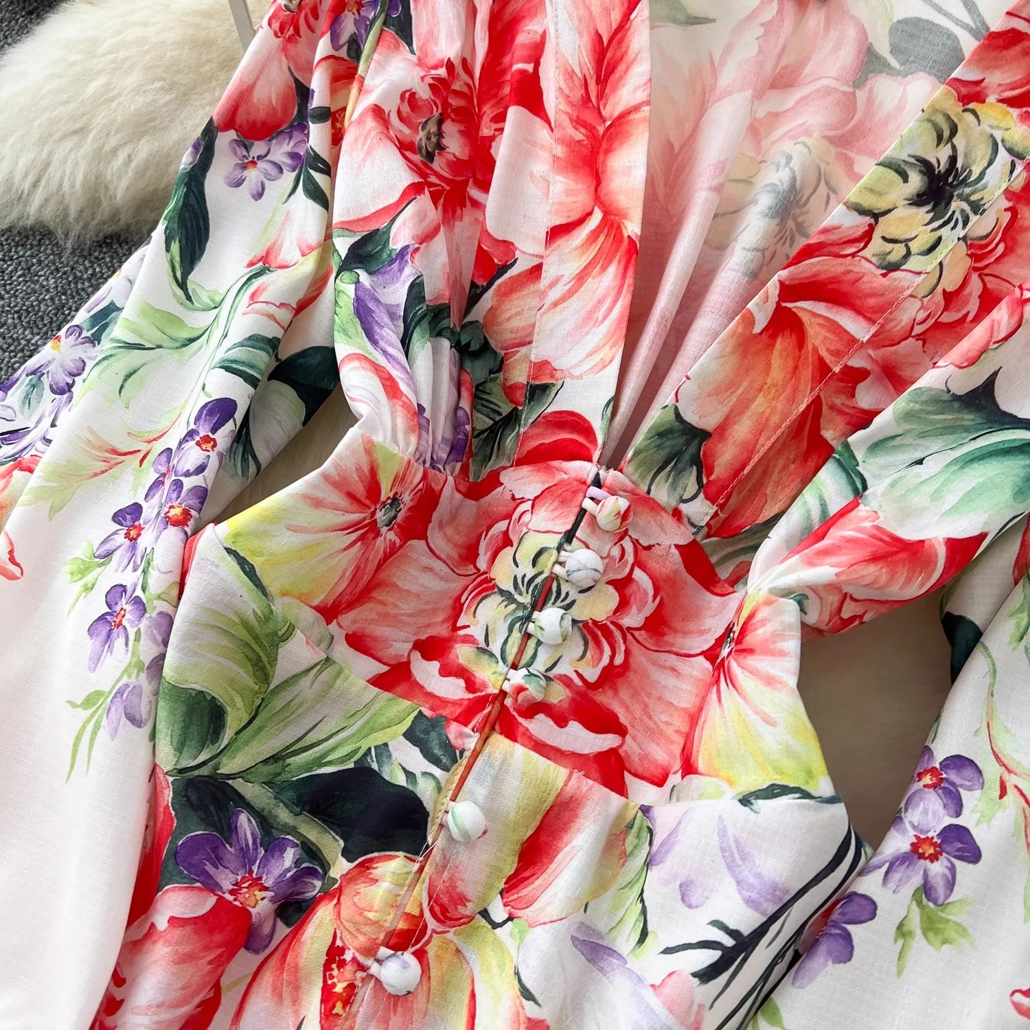 French Holiday Flower Maxi Robe Dress Women's Sexy V Neck Long Lantern Sleeve Single Breasted Floral Print Slim Boho Vestidos