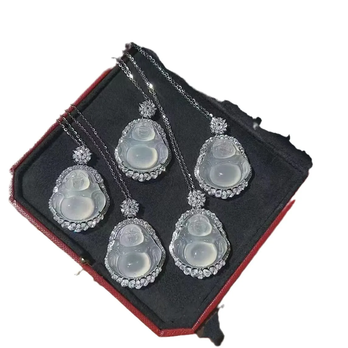 Silver-plated White Chalcedony Buddha Male Agate Female Jade Maitreya Buddha Necklace