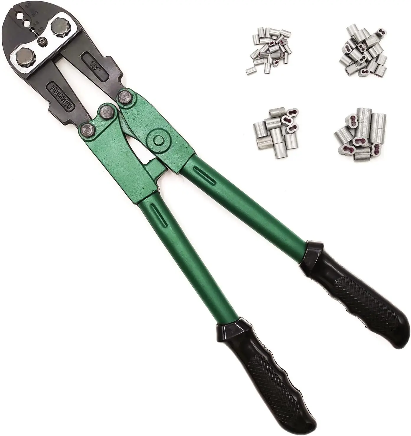 

4 Slot Crimping Swaging Tool Kit for High Tensile Steel Wires, Ropes, 18" Hand Crimper with Assorted Sleeves, Gauge & Spanner