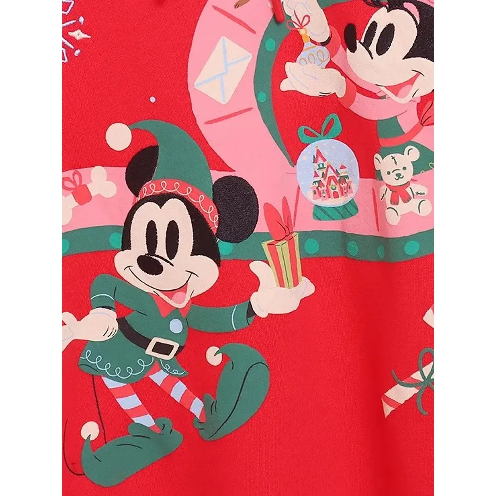بلوفر ديزني ميري كريسماس كاسل ميكي ماوس فاميلي مطبوع عصري للنساء بغطاء للرأس باللون الأحمر #2