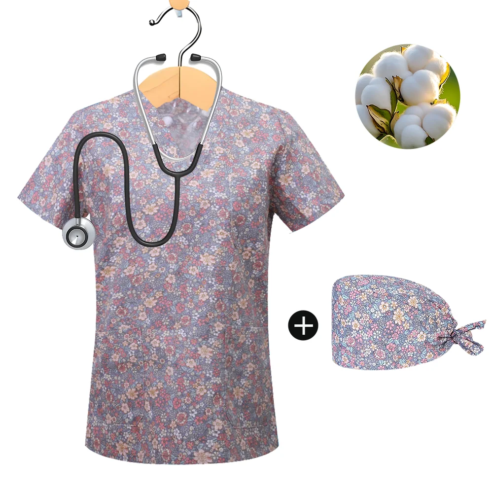 Uniformes cirúrgicos mulher cor sólida flor impressão enfermeira uniforme mulher com decote em v manga curta remendo bolso superior feminino esfrega