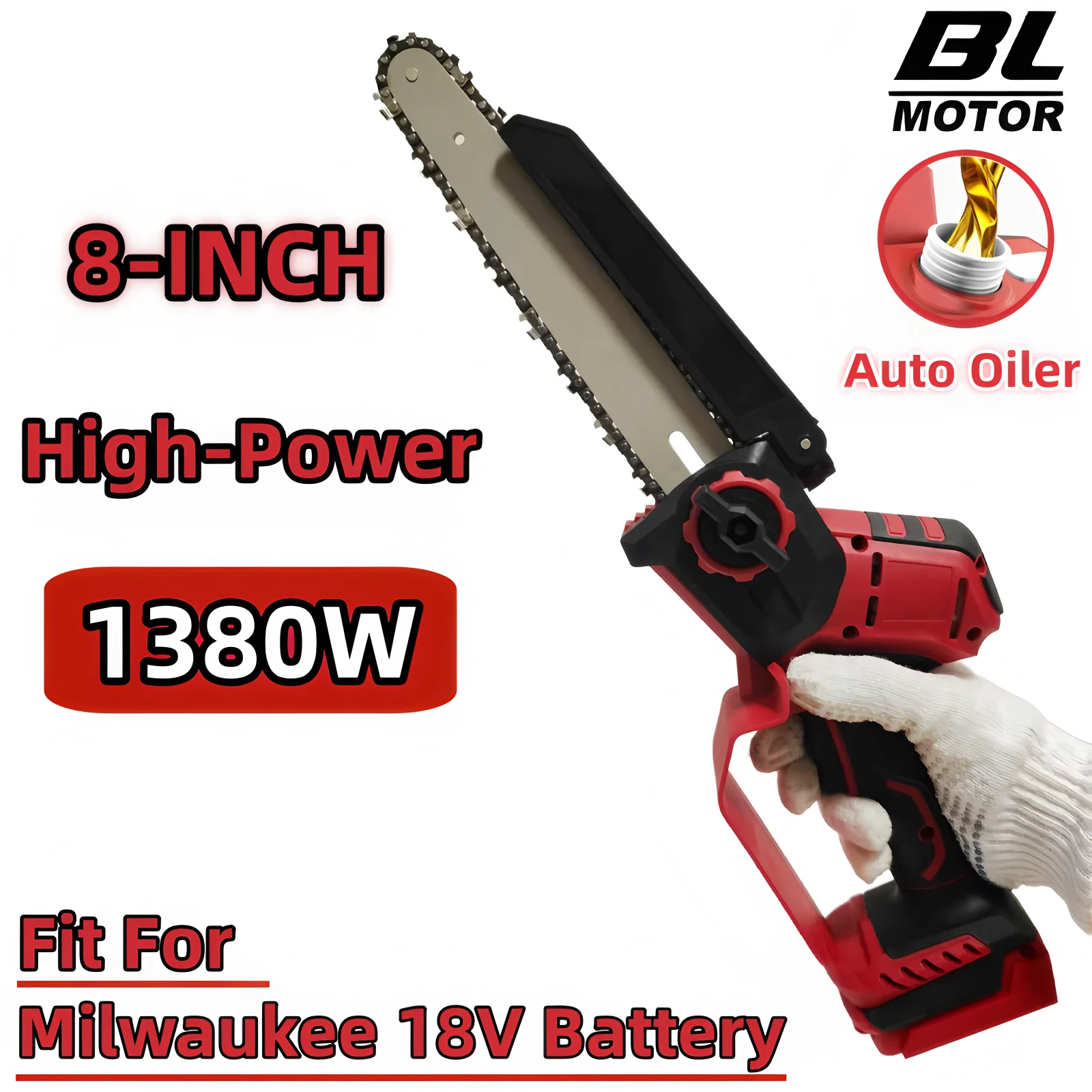 For Milwaukee 18V Battery 1380W High-Power Brushless 8 Inch Chainsaw Auto Oiler Electric One Click Adjust Chain Saw Power Tools