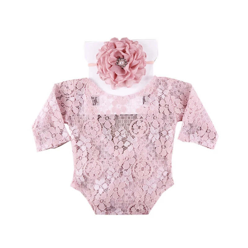 Baby Boys Girls Lace Romper Flower Headband Set Lace Jumpsuit Bodysuit Floral Hairband for Head Wrap Turban Headwear Cos