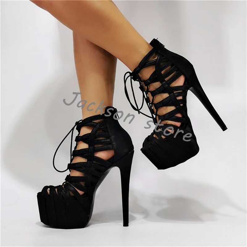 Versatile Open Toe Platform Sandals Women Fashion Cross Straps Trendy Back Zipper Stiletto High Heels Big Size Women Shoes