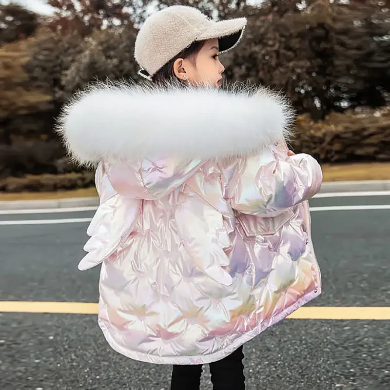 

Winter children's wing down jacket 3-10-year-old Girls Fashion bright face medium and long cotton padded jacket and downwarmcoat