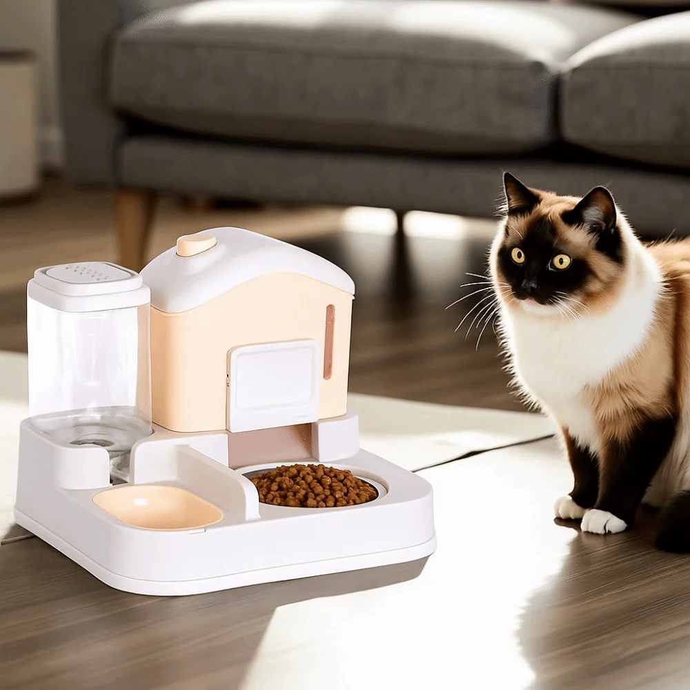 2-In-1 Automatic Cat Water Feeder Large Capacity Spill Proof Cat Dog Food Bowl Dry Wet Separation Visible Window Dog Double Bowl