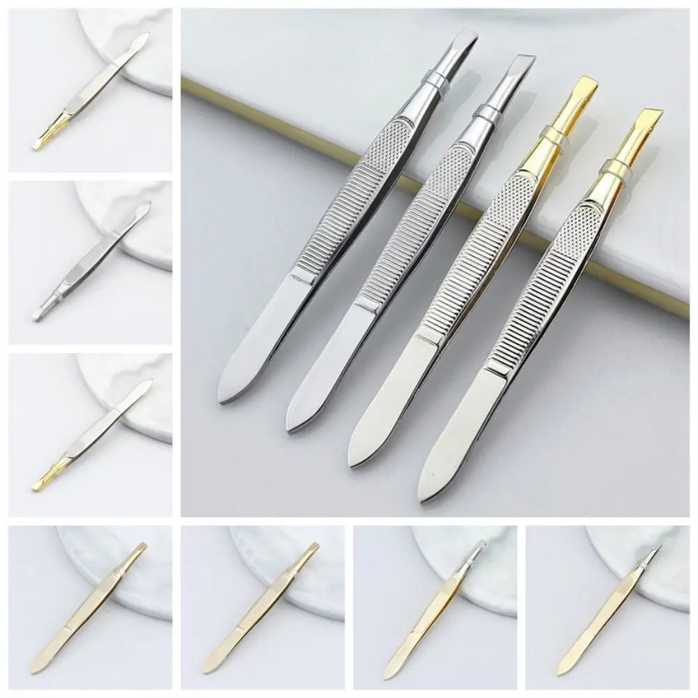 Rvs Wenkbrauw Trimmen Pincet Schuine Tip Plukken Wimperkruller Platte Tip Mesh Streep Handvat Gezicht Ontharing Gereedschap