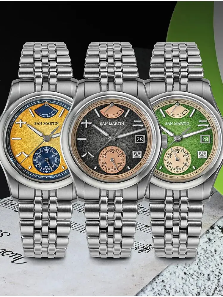 San Martin 39mm 9132 Chinese Characters Dial Men Watch Mechanical Elegant Bubble Sapphire 5-Link Bracelet BGW-X1 SN0144DG