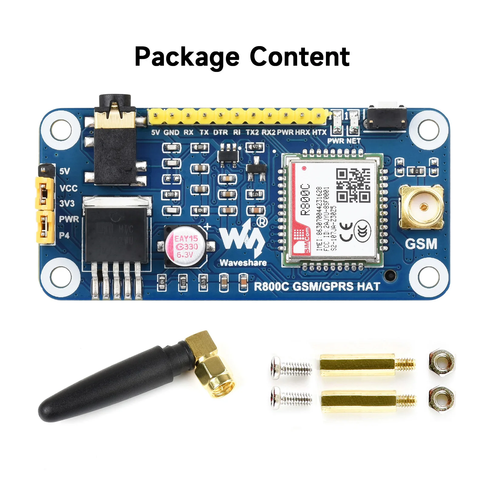 Waveshare R800C GSM/GPRS HAT For Raspberry Pi Support 2G Communication, Phone Call & SMS Supports: MT, MO, CB, Text, PDU