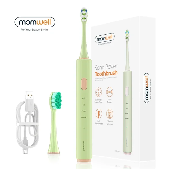 Electric Sonic Toothbrush T32 - USB Charge, Rechargeable, Waterproof, 2 Replacement Heads