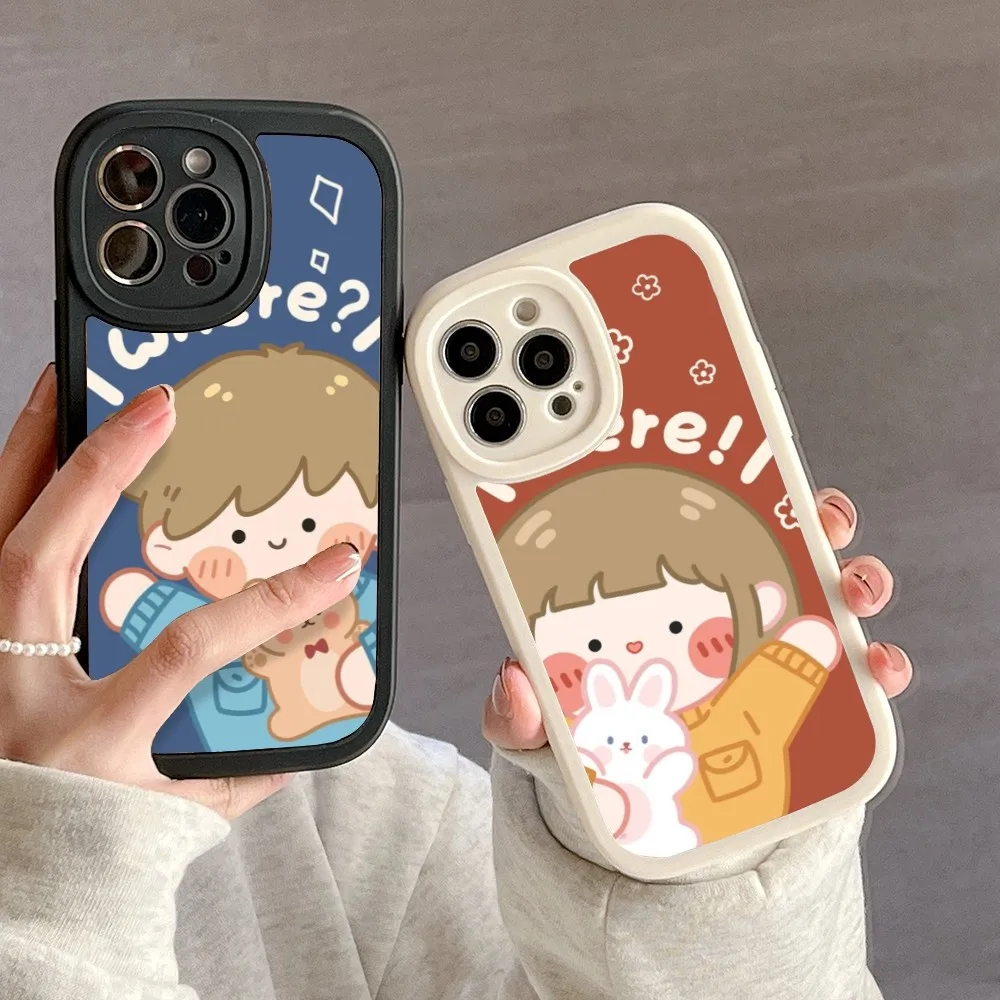 Where Here Boy Girl Couple BFF Phone Case For IPhone 16 15 14 Plus 13 12 11 Pro X XS XR Max Big Eyes PU Leather Cover