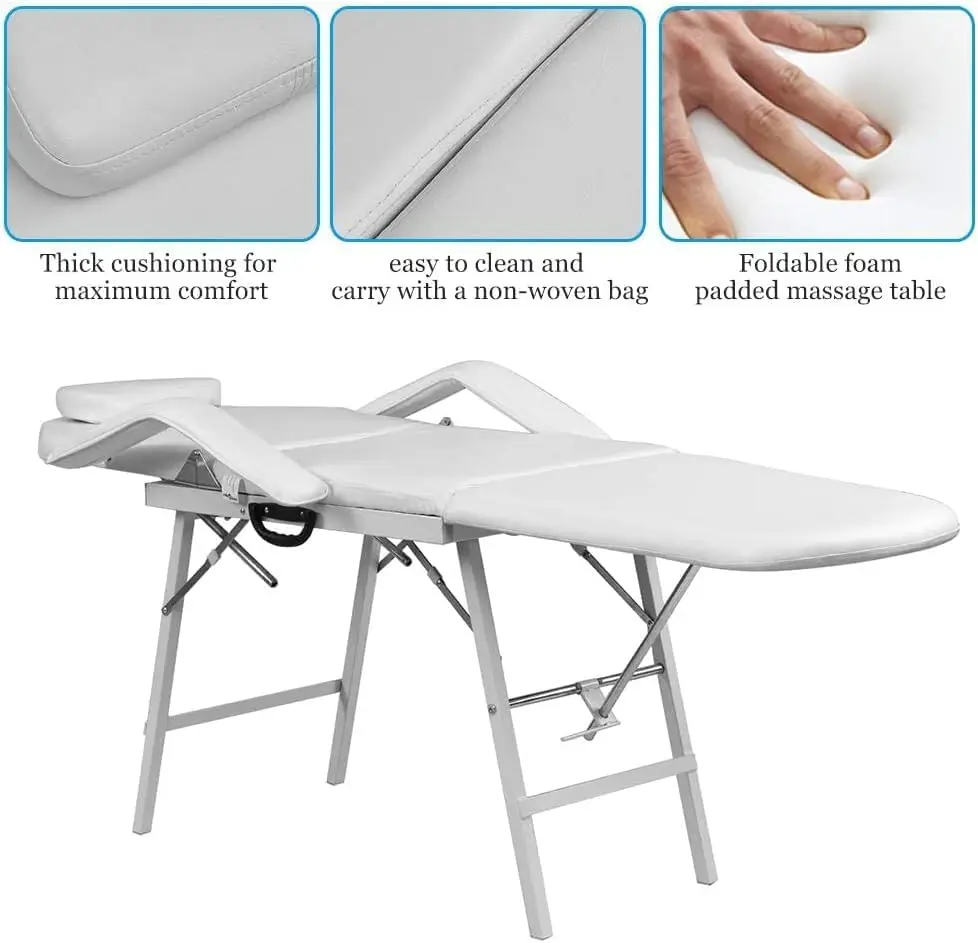 Mesa de massagem portátil dobrável, cama branca massagem, cadeira spa profissional, estojo, salão facial, cama de tatuagem, 73"