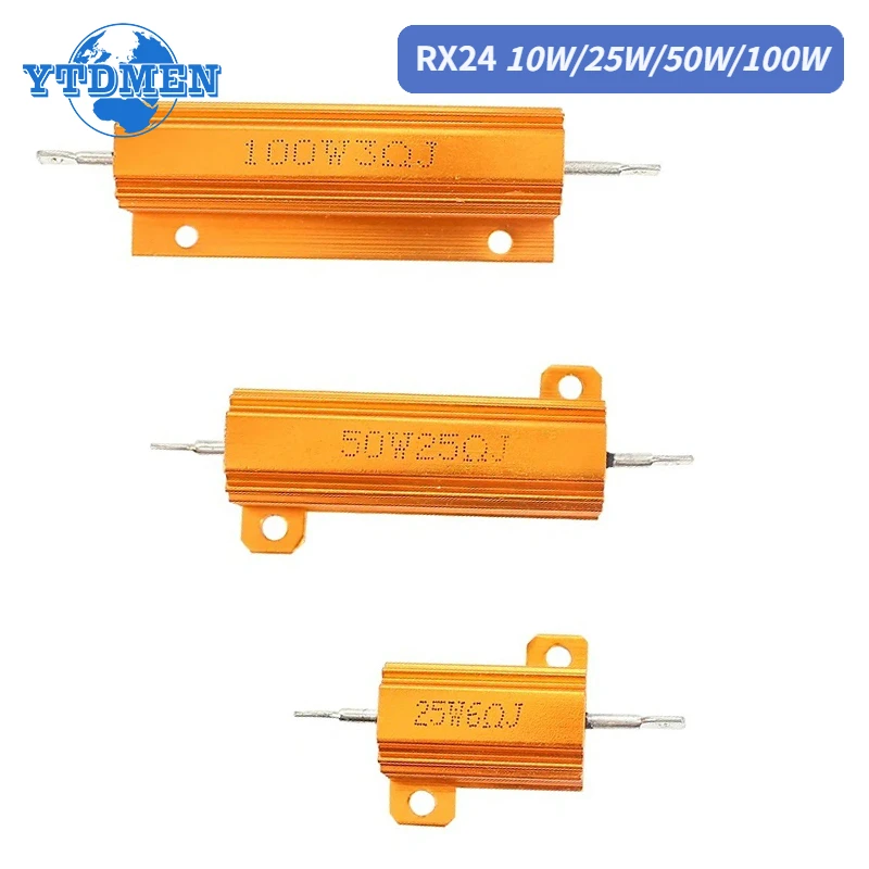 1PCS Aluminum Power Metal Shell Case Wirewound Resistor 10W 25W 50W 100W RX24 0.1~1Kohm 8 10 50 1K Ohm Resistance Load Resistors