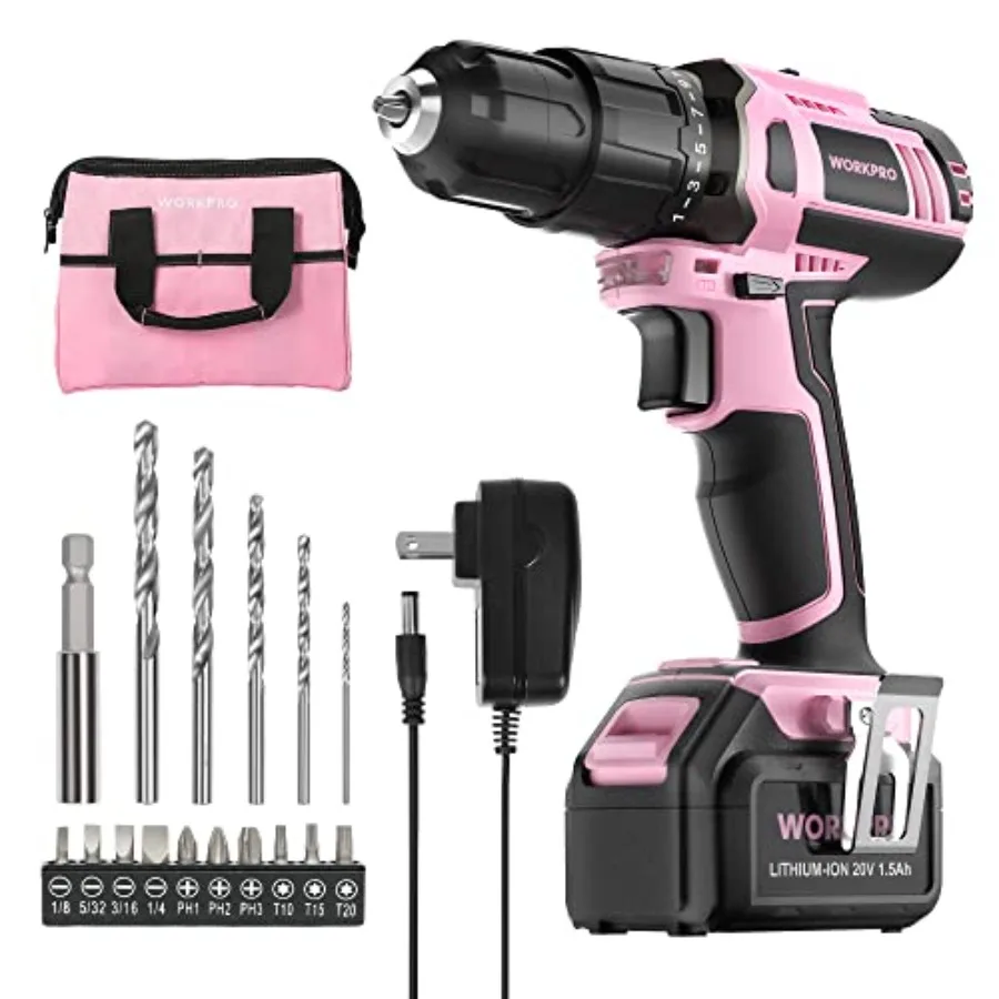 

Pink Cordless 20V Lithium-ion Drill Driver Set 1 Battery Charger and Storage Bag Included - Pink Ribbon