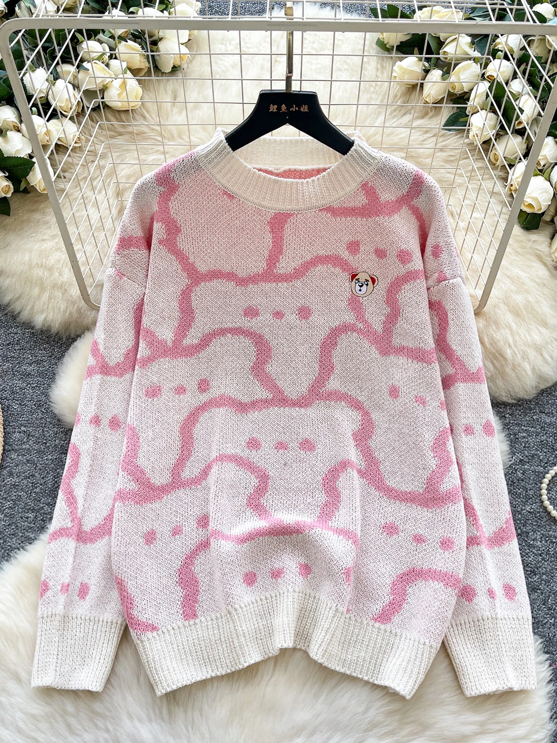 

Cute Bear Long Sve round Ne Knitted Sweater Women's Loose Fit Autumn Winter Pullover Pink Girl's Lazy Sle Comfortable ...