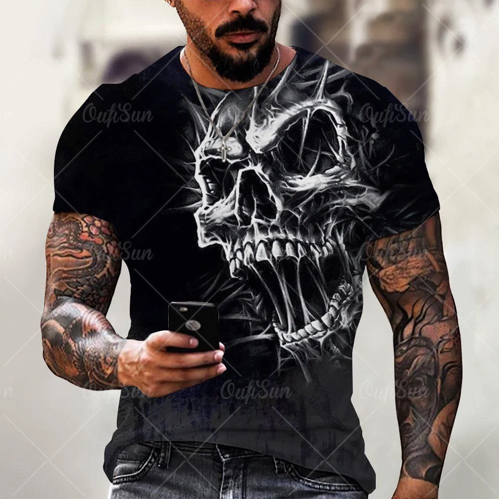 2025-2026 Summer Fashion Retro Skull 3D Printed T-shirt Hip Hop Personality Super Cool Horror Casual T-shirt #4