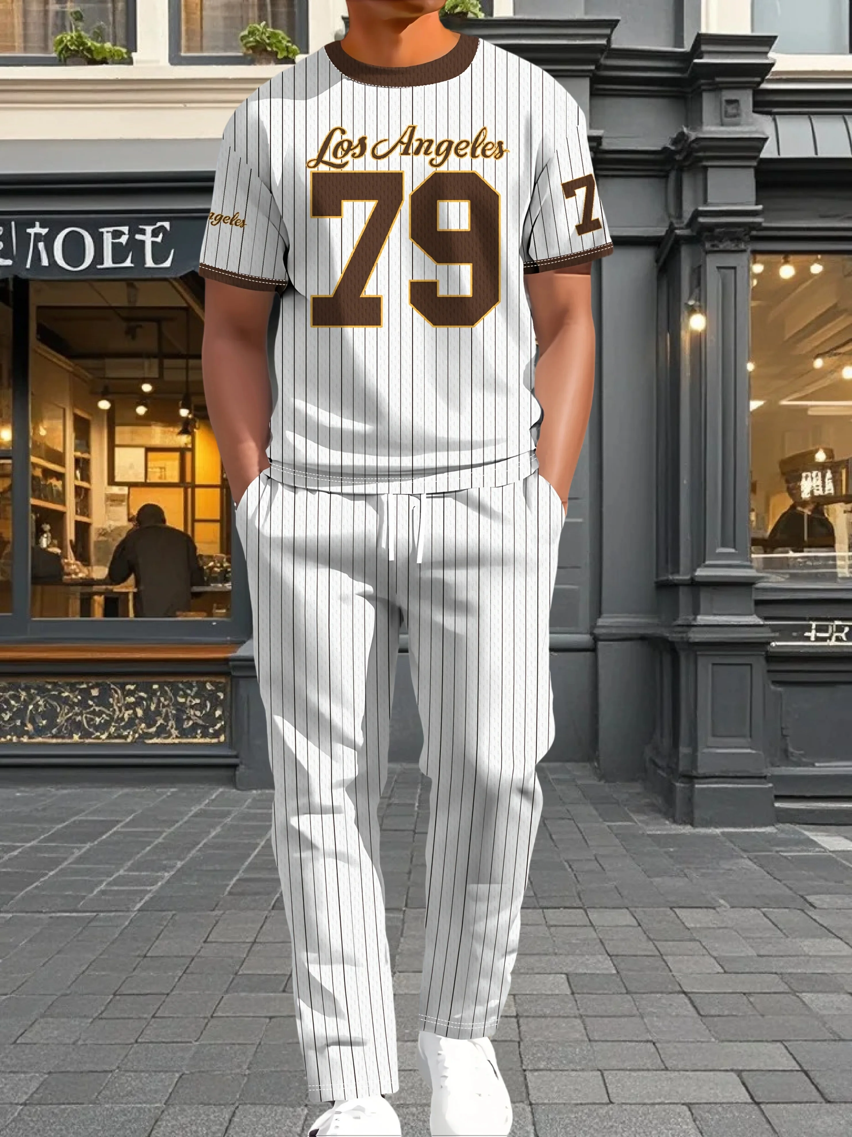 

25/26 Latest T-shirt Set European and American Street Fashion Stripe 79 3D Spring and Autumn Top Pants Casual Style Adult
