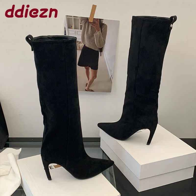 

Женская обувь из флока, женские современные сапоги до колена на тонком каблуке, женские вечерние сапоги с острым носком, женские длинные сапоги без шнуровки, туфли-лодочки
