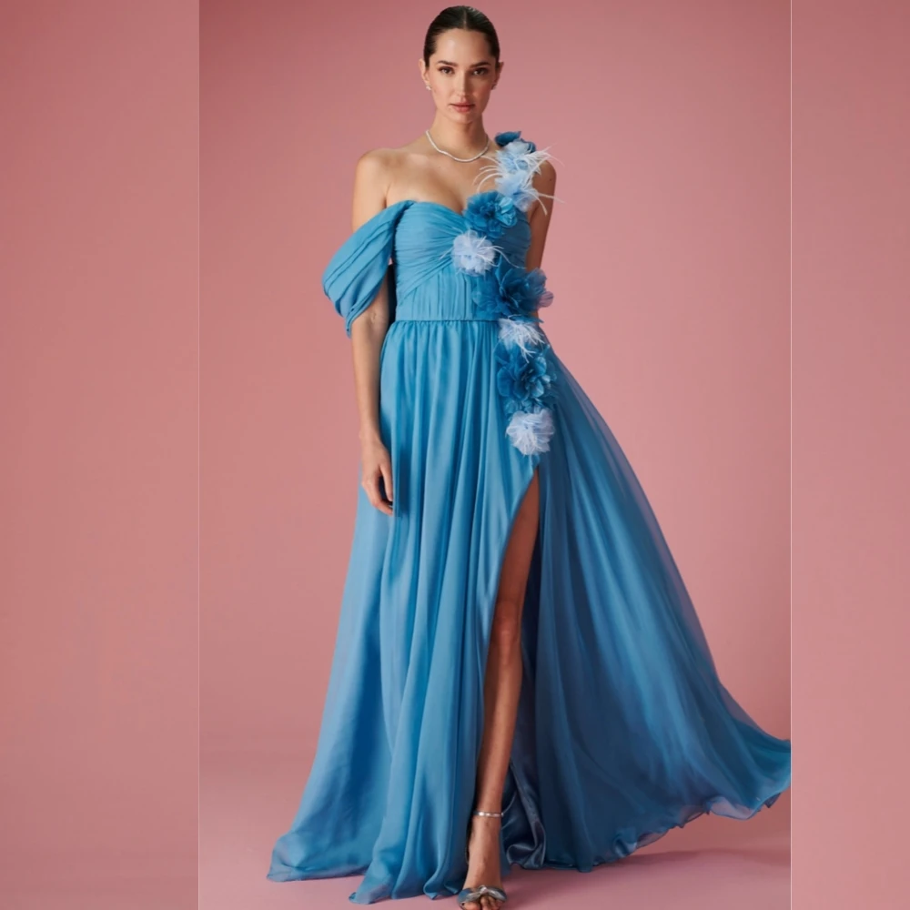 

Customized Chiffon Flower Engagement A-line Off-the-shoulder Bespoke Occasion Gown Midi Dresses