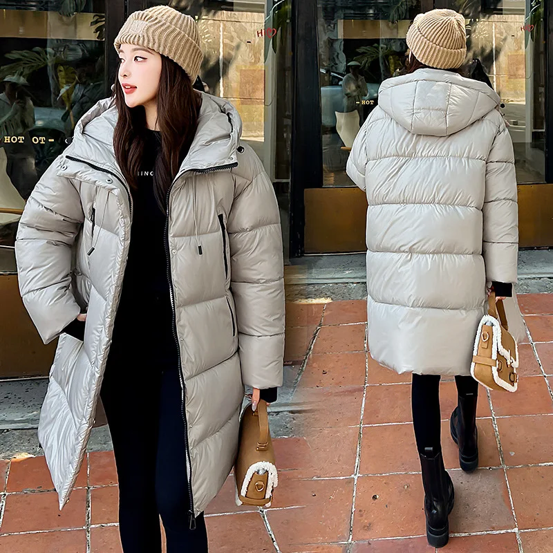 Women Parkas Loose Hooded Midi Coats Solid Full Sleeve Zipper Jackets Button Pockets Elegant Jacket Thick Warm Autumn Winter